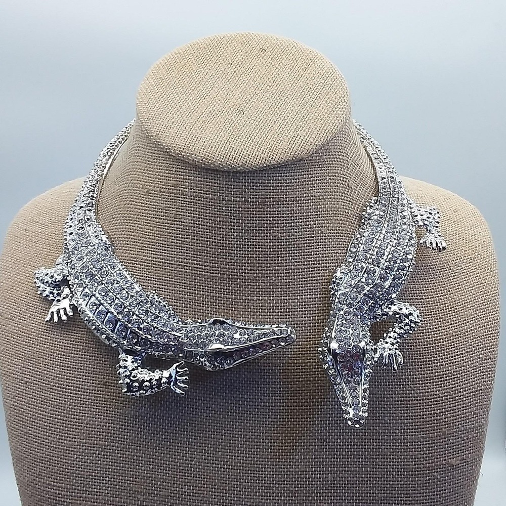Rhinestone Alligator Statement Necklace Silver Tone Crocodile Collar Bib Glam